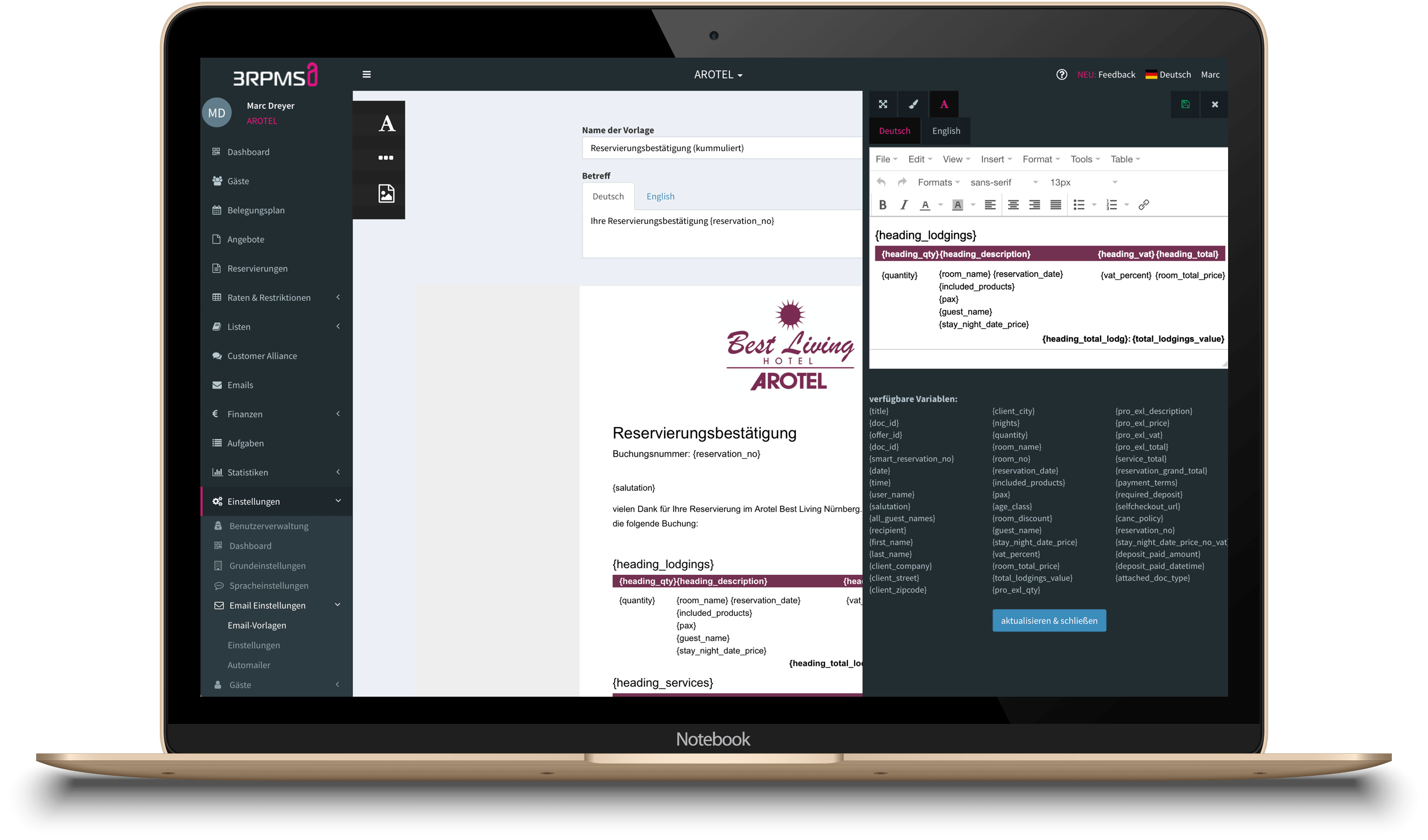 Screenshot Vorlageneditor